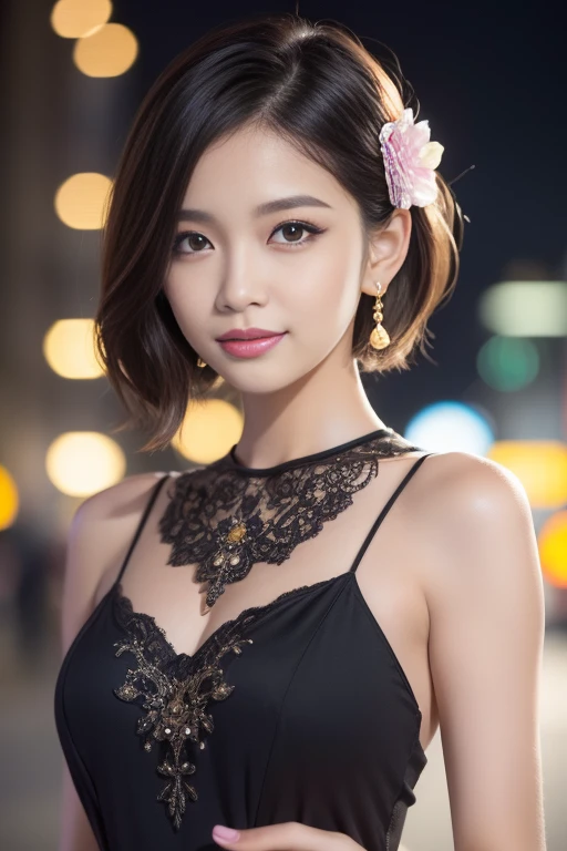 female idol、shiny lip gloss、smiling face、smoky eyeshadow、winged eyeliner、((dramatic lashes))、female silk dress(neon gold)、flowers、colorful short hair(neon fuchsia)、flowers in the hair、conceptual art, High quality, Realistic, extremely detailed CG unified 8k wallpaper, highly detailed, High-definition raw color photos, professional photography, Cinematic Light, Beautiful detailed, Super Detail, high detail, (((Bokeh))), depth of fields, illumination, City Street, Super stylish lighting