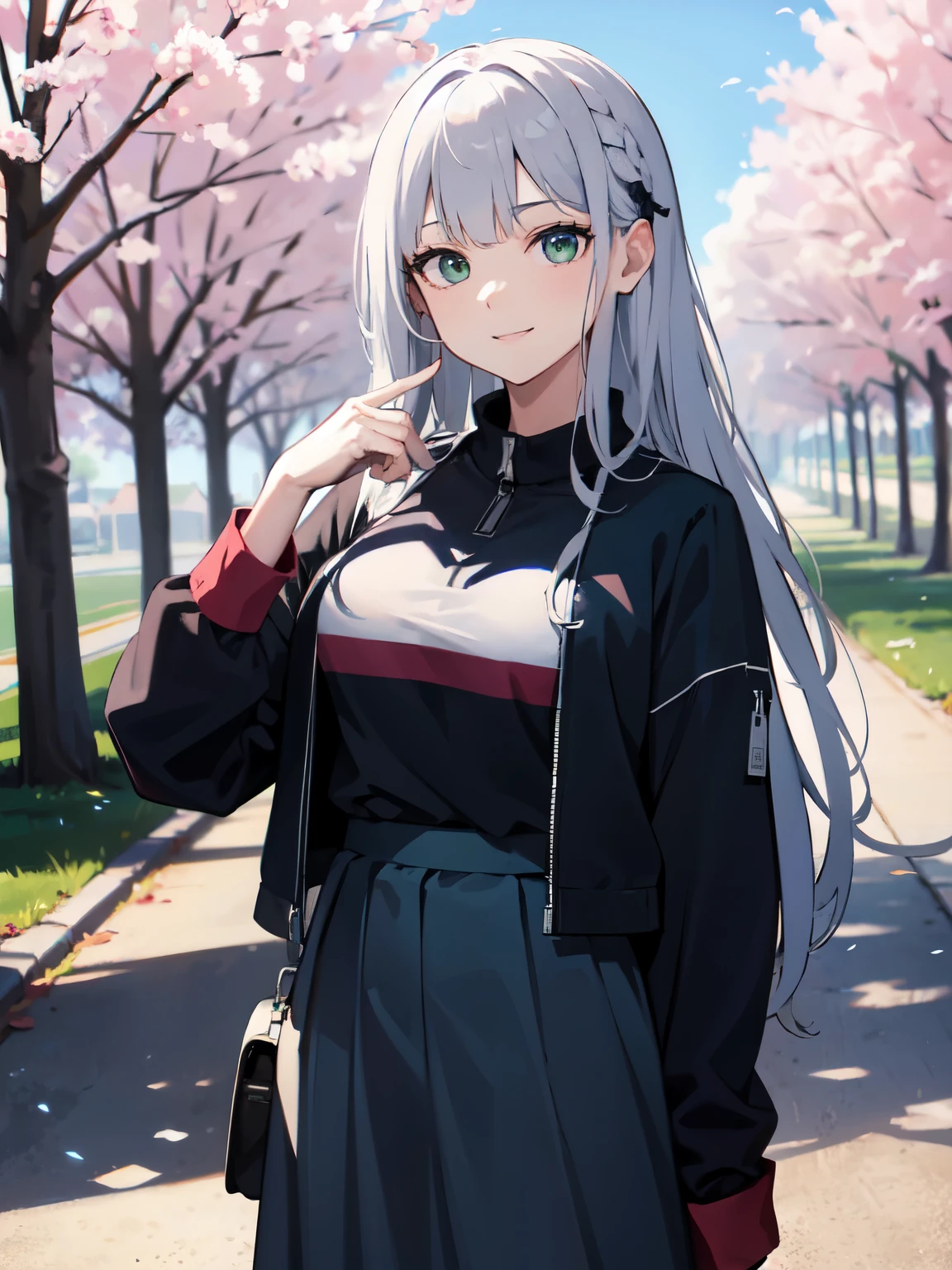 silver hair, long hair, wearing plain black shirt, long skirt, cherry blossom trees in background, absurdres, high res, ultrasharp, 8K, masterpiece, mature, detailed, sharp detailed green eyes, height = 170cm, breast, smile