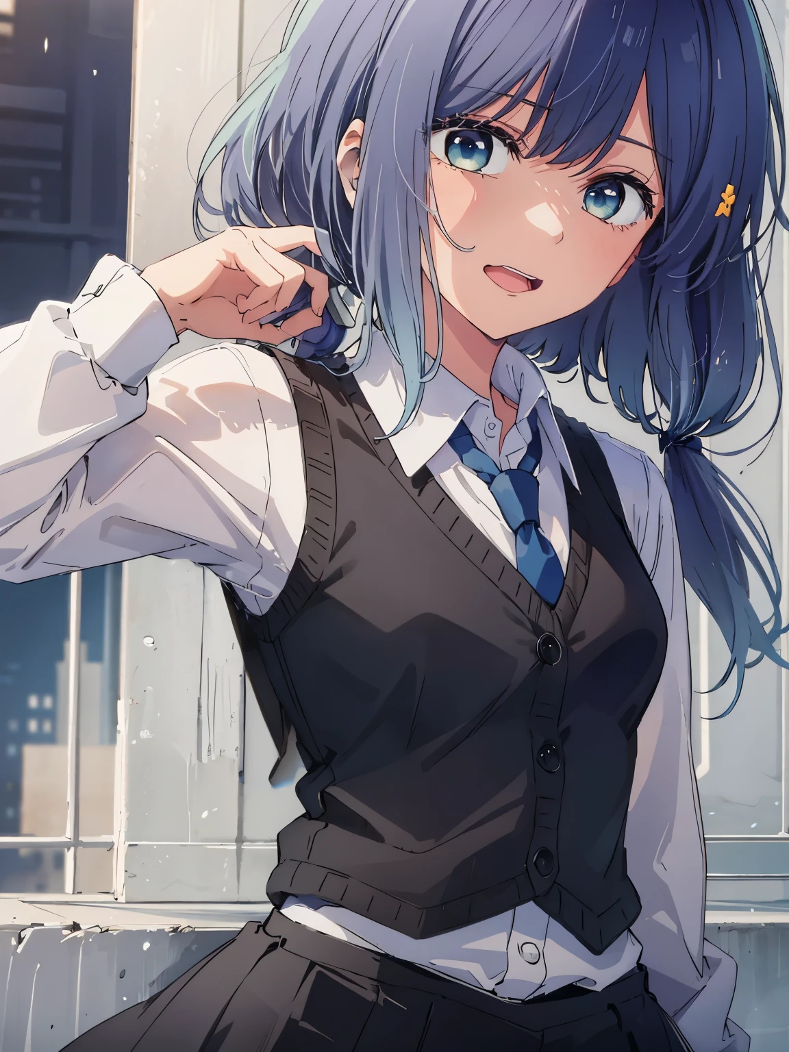 One girl,18-year-old,Excellent anatomy, masterpiece, Highest quality,Realistic, hyperRealistic, 16k hdr,, disease, short hair, Blue Hair, blue eyes, neckerchief, Collared shirt, Sweater vest, (Blue Vest:1.2), Short sleeve,Armband, Checked skirt, Grey Skirt, Are standing, Leaning forward, Outdoor, From below,Spread your legs,Glowing micro panties,String,Are standing,Camel Toe,(Sweat:1.2),blush,Sexy pose