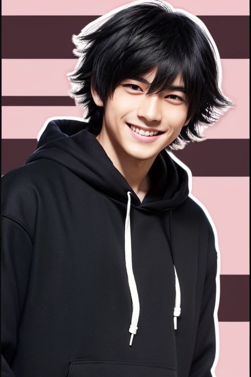 Created in manga style,japanese men,black hair,hair is short,hoodie,smile,The background is GRyaris