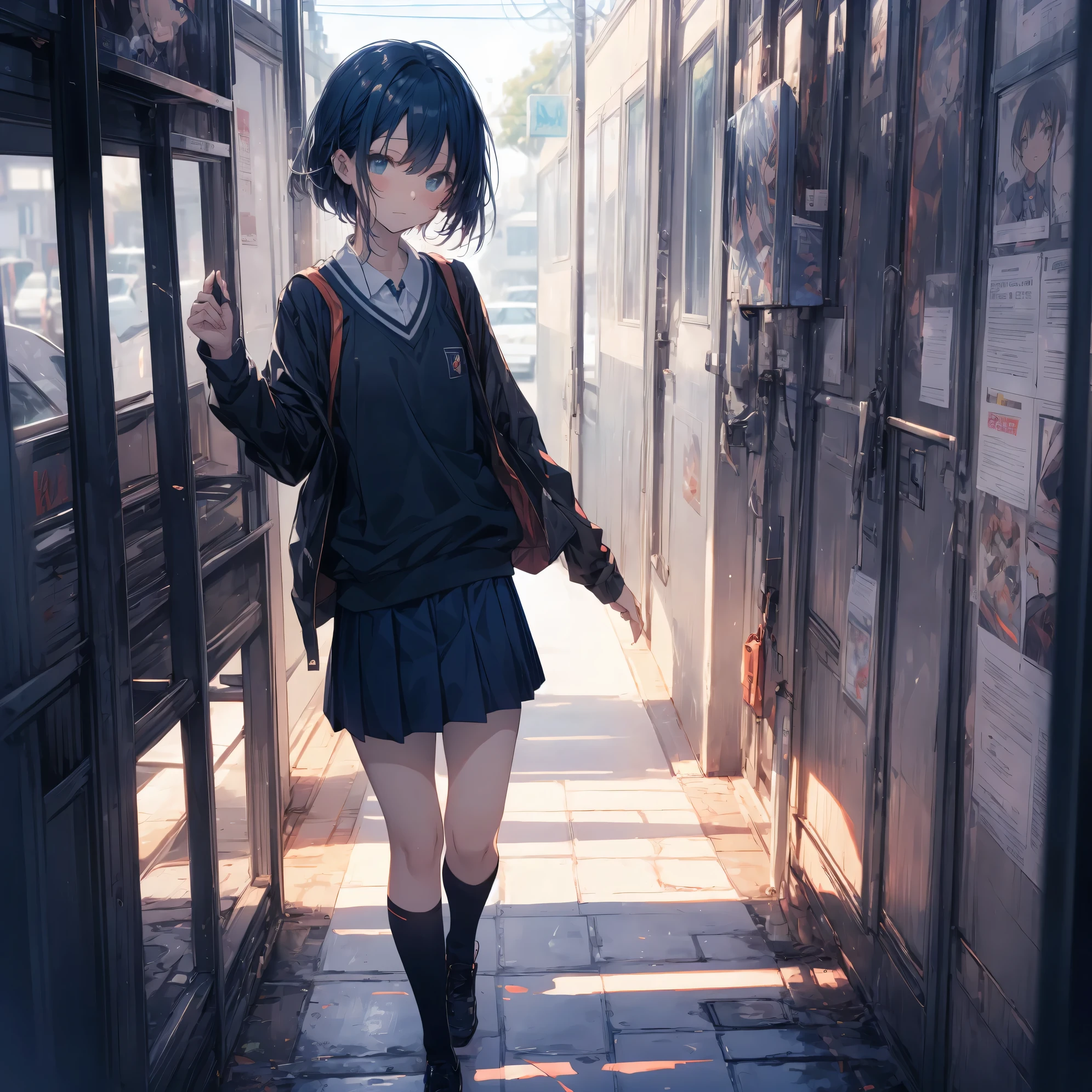 Super high quality by the art god, super detailed, High resolution,Kyoto animation style, anime moe art style, best anime 8K konachan wallpaper, pixiv contest winner, perfect anatomy, break,(眠そうにalone学校へ行く女の子を描いてください. ),break, surreal high school girl, (alone,lolita,:1.3),All limbs, full finger,, androgynous charm, (very short hair), messy hair, flat chest, small ass, between legs, Small black eyes,beautiful and fine eyes, Well-proportioned iris and pupils, disgusted eyes, High resolutionの詳細な髪, wearing , (skirt), On the way to school. break,super dense skin, Best lighting by famous artists, 8K, figure,