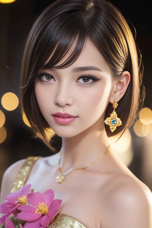 female idol、shiny lip gloss、smiling face、smoky eyeshadow、winged eyeliner、((dramatic lashes))、female silk dress（gold)、flowers、colorful short hair（neon fuchsia)、flowers in the hair (gold)、conceptual art, High quality, Realistic, extremely detailed CG unified 8k wallpaper, highly detailed, High-definition raw color photos, professional photography, Cinematic Light, Beautiful detailed, Super Detail, high detail, (((Bokeh))), depth of fields, illumination, City Street, Super stylish lighting