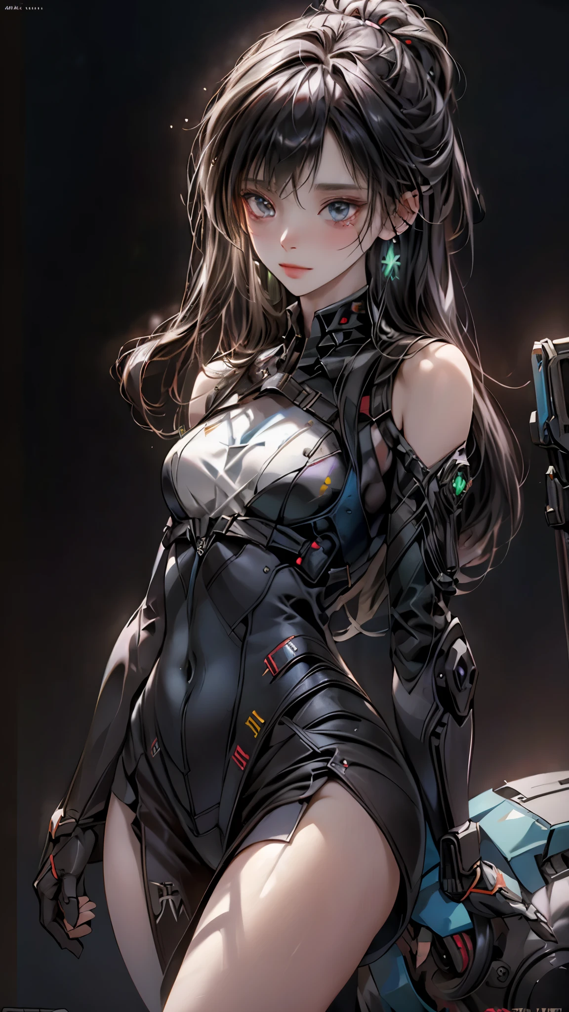 ((highest quality)), ((masterpiece)), (be familiar with:1.4), 。.。.。.3D, beautiful cyberpunk woman image,nffsw(high dynamic range),ray tracing,NVIDIA RTX,super resolution,unreal 5,scattered below the surface,PBR texturing,Post-processing,anisotropic filtering,written boundary depth,maximum clarity and sharpness,multilayer texture,Albedo and specular maps,surface shading,Accurate simulation of light-matter interactions,perfect proportions,octane rendering,two-tone lighting,wide aperture,Low ISO、White balance、Rule of thirds、8,000 students、((Holding an assault rifle))
