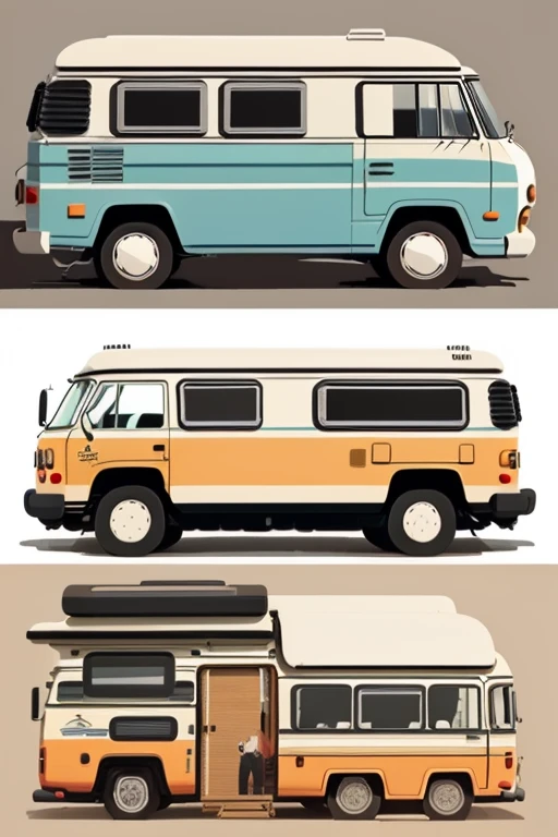 concept art,technical illustration,caricature,3 person in the campervan,family,simple person illustration,side view,cross-sectional view of campervan,pop taste