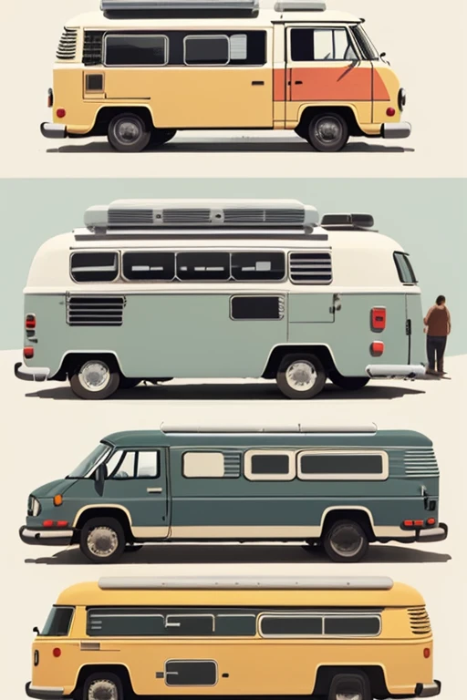 concept art,technical illustration,caricature,3 person in the campervan,family,simple person illustration,side view,cross-sectional view of campervan,pop taste