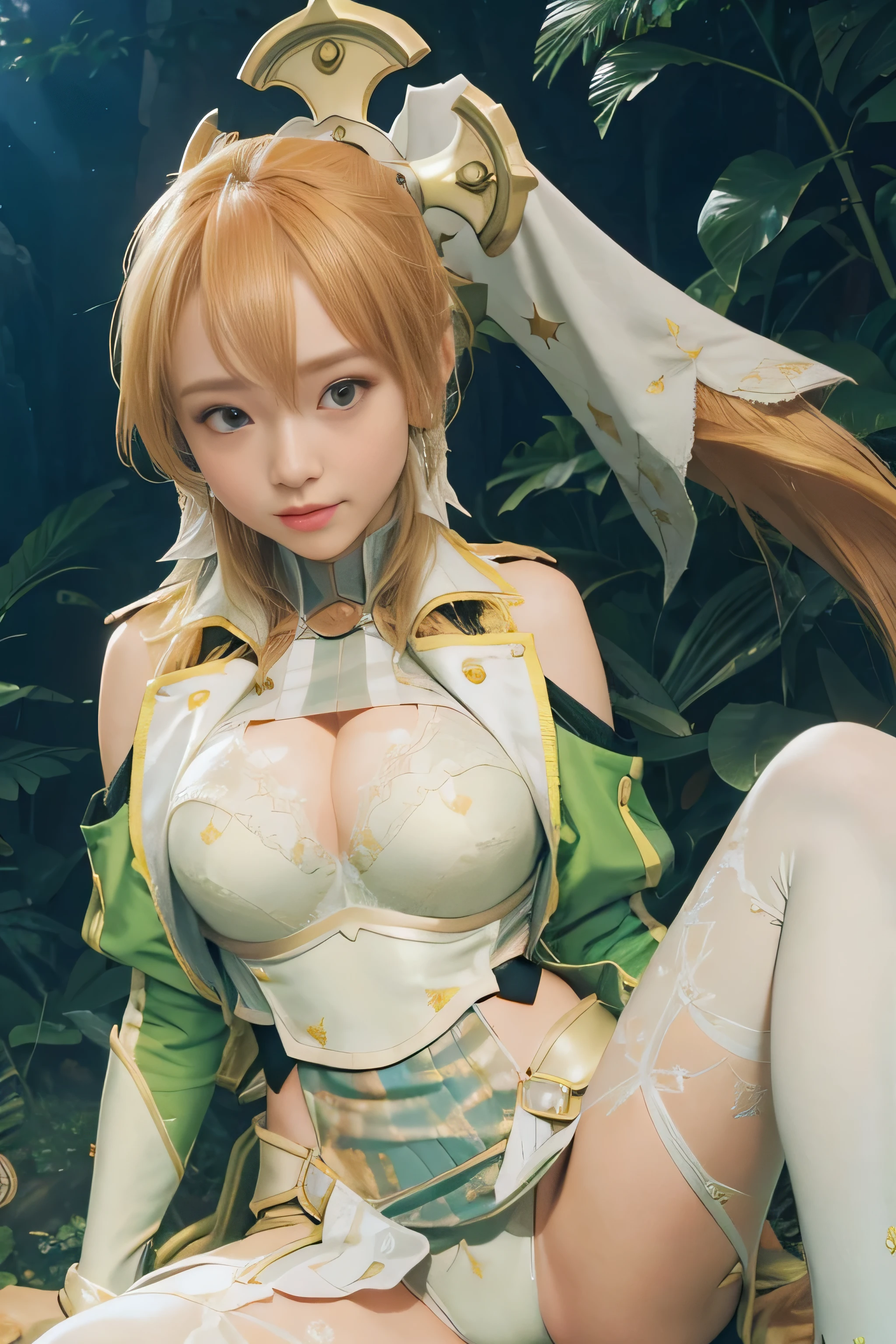 masterpiece, best quality, (realistic,photo-realistic:1.4), (RAW photo:1.2), extremely detailed CG unity 8k wallpaper, delicate and beautiful, amazing,finely detail, official art, absurdres, incredibly absurdres, huge filesize, ultra-detailed,extremely detailed eyes and face,light on face,little smile,asuna yuuki,(caramel hair:1.4),(wearing lingerie:1.4),jungle,long hair