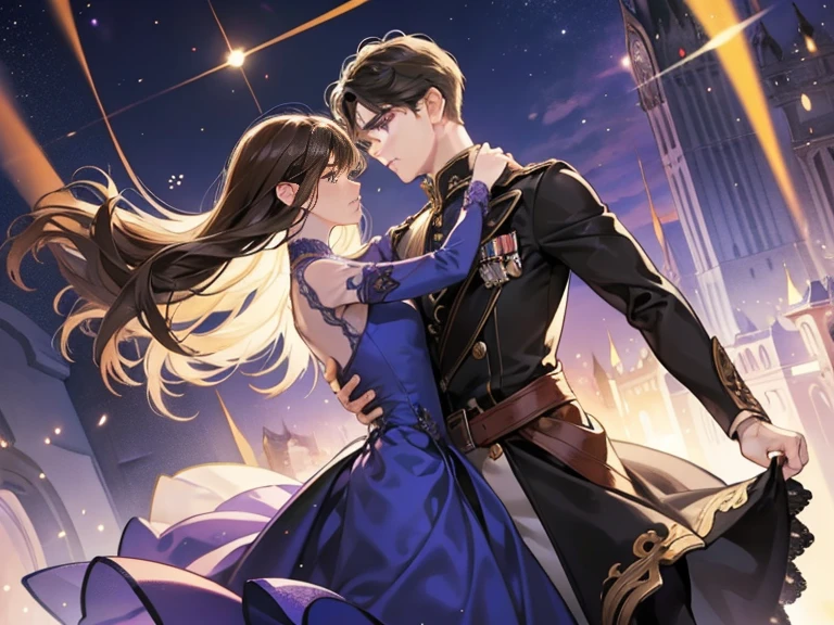 Couple, 1 girl 1 boy, different hair color, girl long brown bang hair and detail brown eyes, boy tall, boy short black hair and detail blue eyes, boy it’s wearing a prince outfit, romance, dancing in ballroom, face to face, elegant purple long dress with sliver detail.