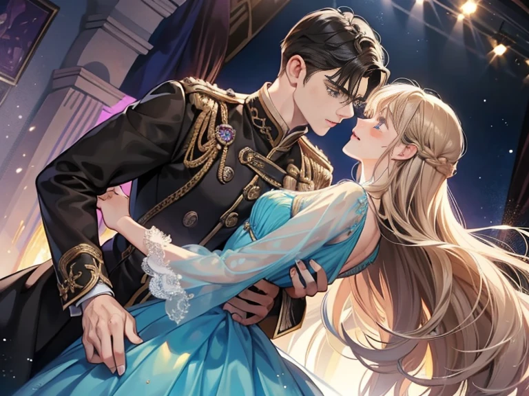 Couple, 1 girl 1 boy, different hair color, girl long brown bang hair and detail brown eyes, boy tall, boy short black hair and detail blue eyes, boy it’s wearing a prince outfit, romance, dancing in ballroom, face to face, elegant purple long dress with sliver detail.