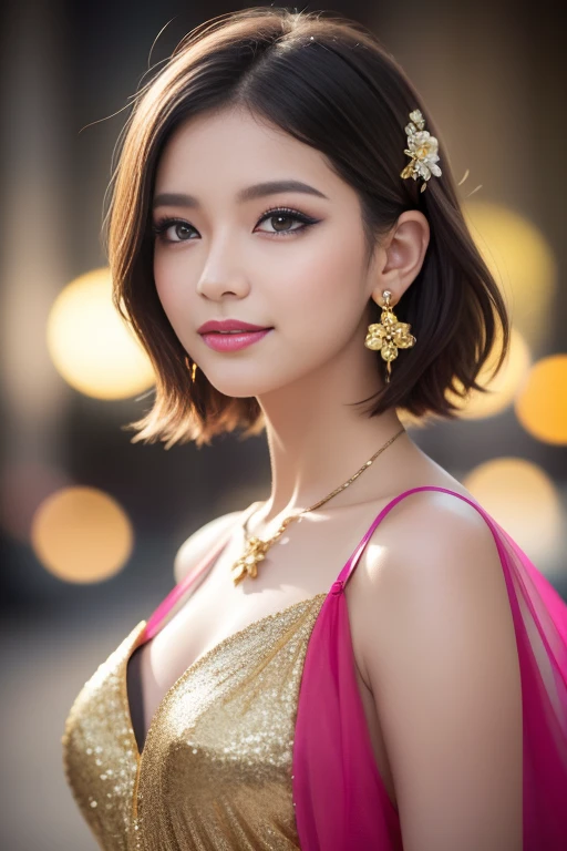 female idol、shiny lip gloss、smiling face、smoky eyeshadow、winged eyeliner、((dramatic lashes))、female silk dress(gold)、flowers、colorful short hair(neon fuchsia)、flowers in the hair (gold)、conceptual art, High quality, Realistic, extremely detailed CG unified 8k wallpaper, highly detailed, High-definition raw color photos, professional photography, Cinematic Light, Beautiful detailed, Super Detail, high detail, (((Bokeh))), depth of fields, illumination, City Street, Super stylish lighting