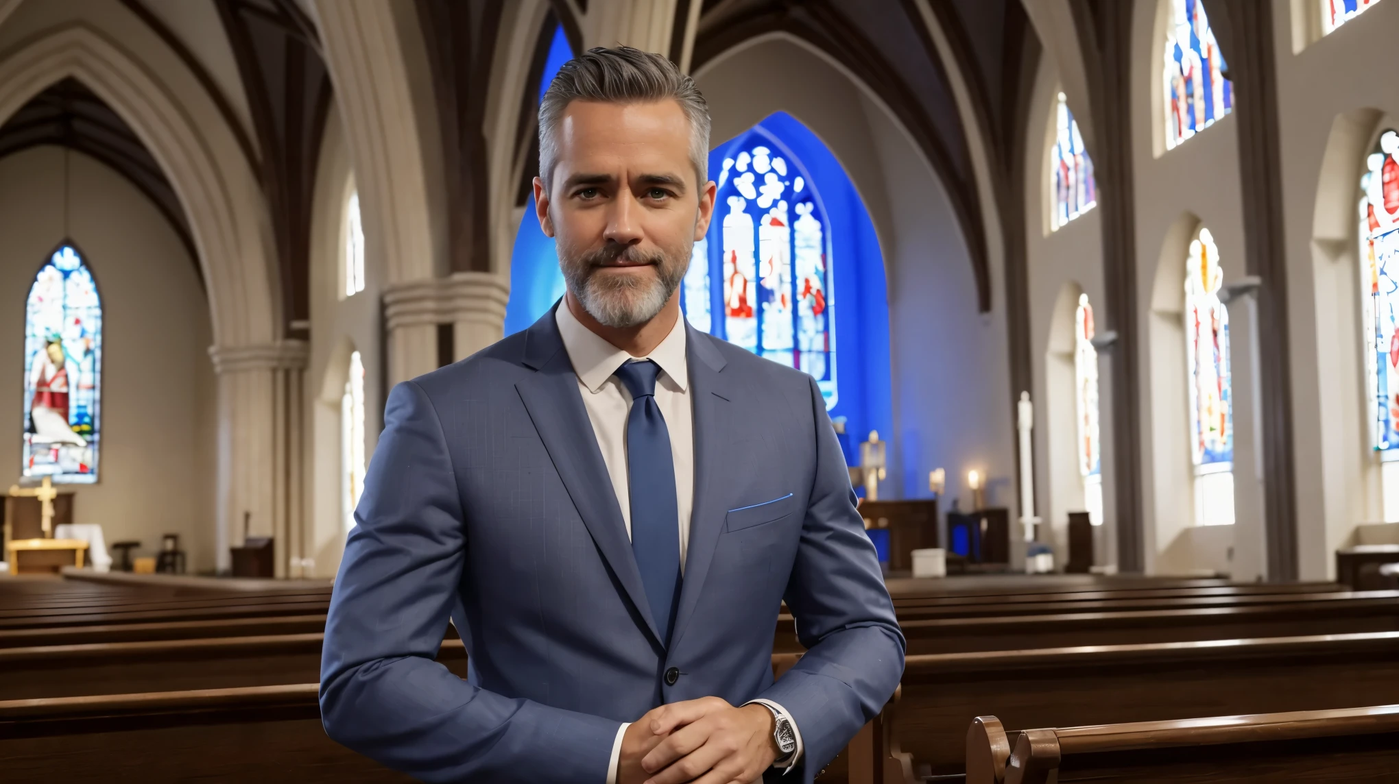 Create actor Jay Harrington as a Pastor, preaching in church, church with blue lights, focus on Pastor, wearing suit, short gray hair, short gray beard, best ultra HD quality, cinematic effect, happy and smiling, in a church, 8k.