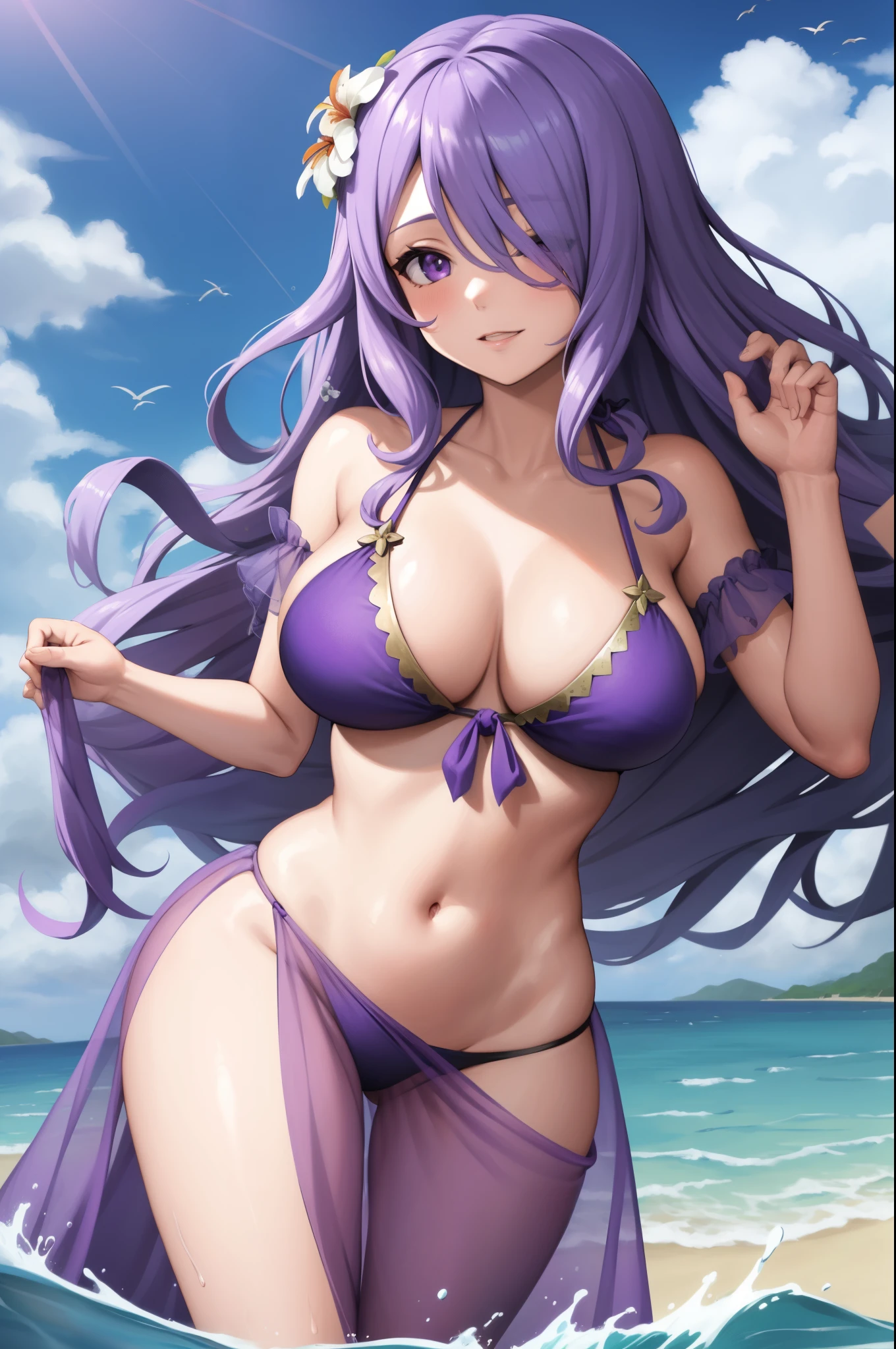 masterpiece, best quality, sumCamilla, hair flower, purple bikini, see-through sarong, playing in the ocean water, splashing water