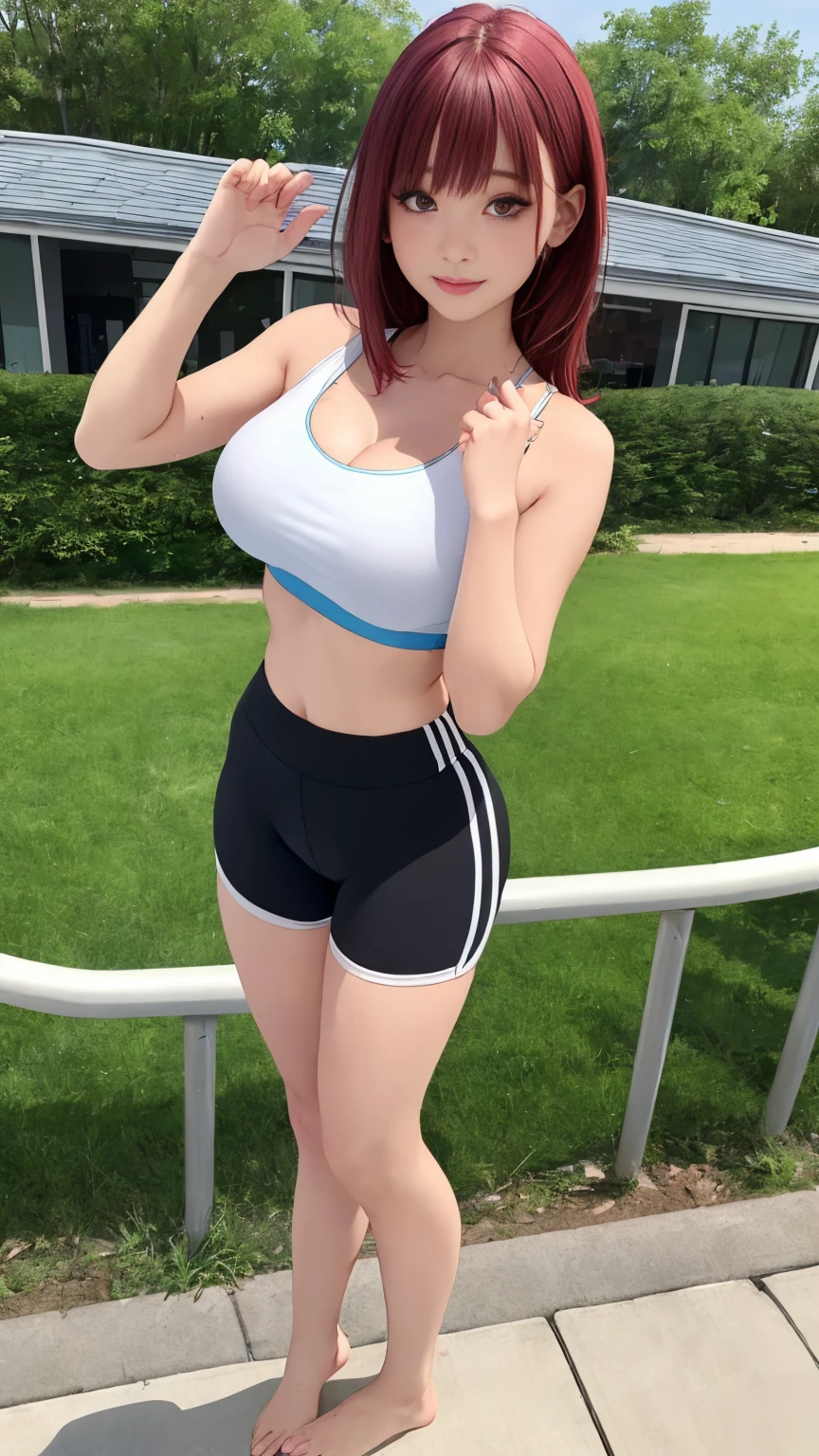(best quality, stand, ultra high definition: 1.3), 1 lady, (Huge bust), red hair, blunt bangs, hair behind ears, hair past shoulders, (long hair),wet hair,( Slender body shape), (Super face slimming), delicate lips,(beautiful eyes), thin blush, Eyes are brown eyes, (wet and shiny skin, flawless skin :1.3),clavicle, hide hands,( Colorful sports bra, Green sports shorts, (wet:1.5)),(a japanese girl,yoga poses),(open armpit posture:1.3),Smile,,Full body image,(pine woods:1.5)