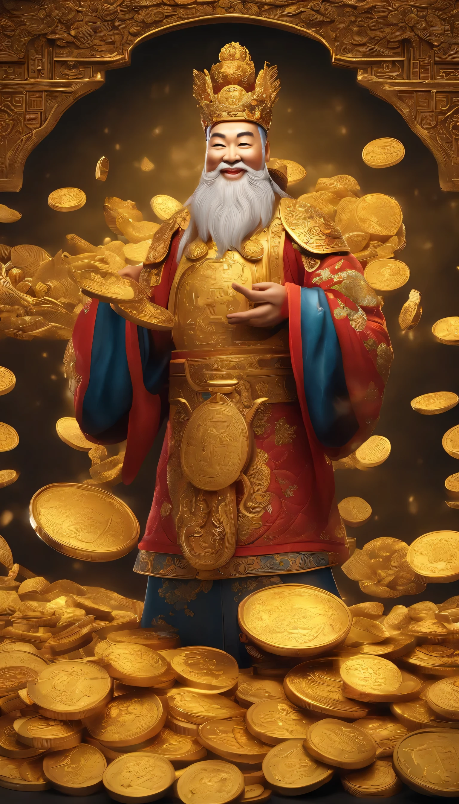 smile charity,The Chinese God of Wealth holds a pile of gold coins in his arms,The screen is full of gold coins