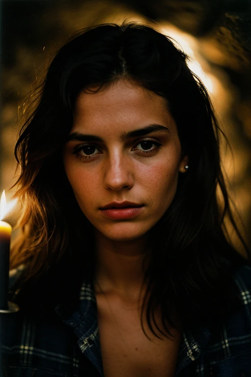 photograph of a woman, (troubled expression), Textured leather, goosebumps, blonde with afro hair, plaid flannel shirt with distressed boyfriend jeans, cowboy shot, a dark and mysterious cave with unique rock formations and hidden wonders, Perfect eyes, (by candlelight,chiaroscuro), Porta 160 color, filmed on ARRI ALEXA 65, hips, sharp focus on the subject, shot by Don McCullin