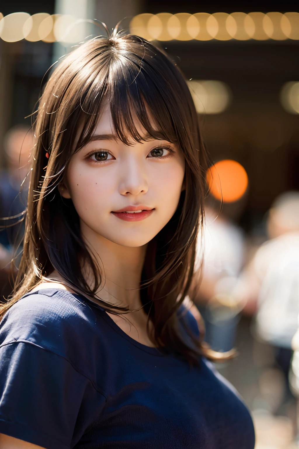 (8k, RAW photo, top quality, masterpiece: 1.2), (realistic, photorealistic: 1.37), ultra detail, ultra high resolution, one girl, beholder, beautiful detailed face, smile, constriction, (slim waist): 1.3), t-shirt, beautiful detailed skin, skin texture, floating hair, professional lighting,