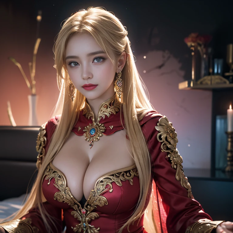 masterpiece,Highest image quality,Super details,best quality ,extremely delicate and beautiful, Very detailed,best quality, official art, Extremely detailed CG unified 8k wallpaper, Ana de Armas portrait photo, Blonde hair with black pupils,shiny skin, (beautiful eyes:1.1), beautiful skin, big watery eyes,(detailed lighting:1.2), (Beautiful and detailed light:1.3),The noble goddess wearing flaming red and black holy clothes,Intricate Flame Shroud Details,Gorgeous and complex hollow ultra-thin flame dress,Beautiful udder, The most perfect breast shape,firm breast,Deep cleavage,Naked of breast,complex, digital drawing, Smooth, sharp focus, end of the world, epic reality, (high dynamic range:1.4), (pastel colors:1.4), Revelation,Bright colors, screen space refraction, (intricate details, Super detailed:1.3), art station, lens, complex background, buliding,Beautiful smile,The most beautiful look,Dreamcatcher earrings,The best look,The noble, beautiful and dignified goddess of fire,