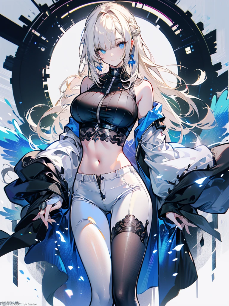 a matured woman, white long hair, blue eyes, white outfit, from arknights, artwork in the style of guweiz, full body, fine details, girls frontline, beautiful anime illustration, by Yang J, stunning, 26 years old, (solo:1.5), (sfw:1.25), sagging breast, large breasts, big tits, thin waist, big ass, (updo, hair over one eye, asymmetric hair), (ultra high resolution, 8K RAW photo, photo realistics:1.3), natural lighting, blurry back ground, (Bright pupils, detailed beautiful eyes, high detailed face), looking at viewers, seductive weak smiling, (wearing white long jacket and clothes, wearing short pants, ornaments, translucent lace pantyhose), ((correct anatomy:1.5)),