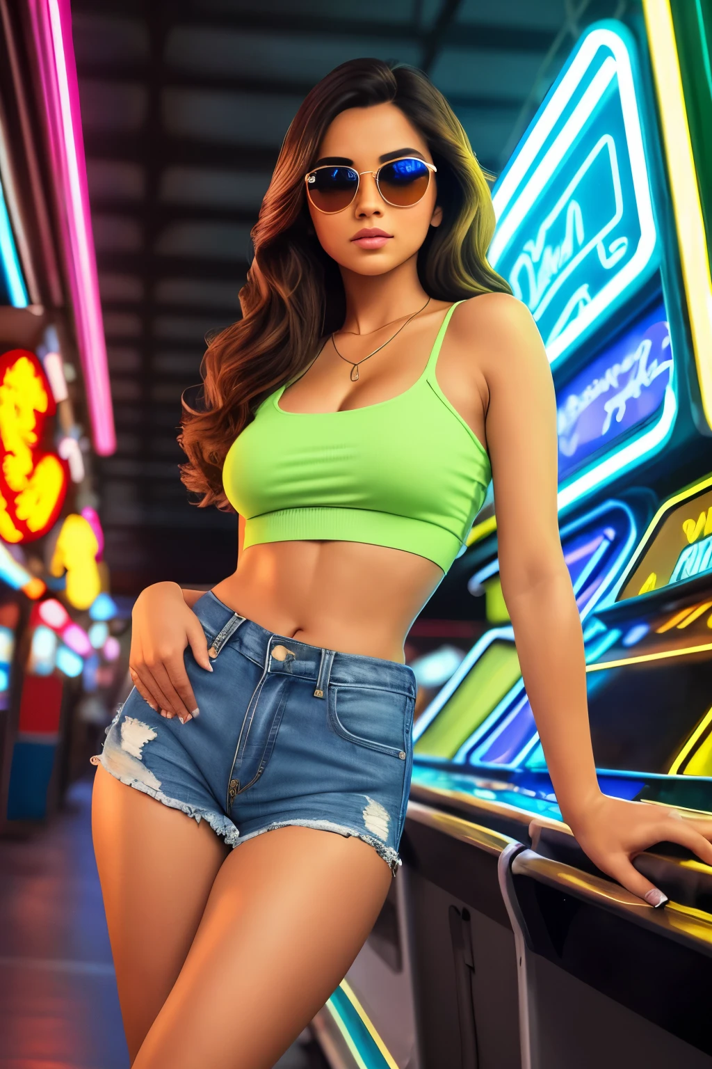 indian Brunette bombshell with indian golden skin captivates with a retro-inspired look that pays homage to the 80s. A high-waisted, acid-wash denim skirt hugs her curves, paired with a neon crop top that accentuates her radiant glow. small narrow button nose, big eyes, full lips, The sunlit waves of her brunette hair frame her captivating honey green eyes, while bold, oversized sunglasses add a touch of vintage flair. Striking a pose in an arcade filled with neon lights, the UHD resolution captures the vibrant details of this 4K retro masterpiece, verybadimagenegative_v1.3, ng_deepnegative_v1_75t, (ugly face:0.8),cross-eyed,sketches, (worst quality:2), (low quality:2), (normal quality:2), lowres, normal quality, ((monochrome)), ((grayscale)), skin spots, acnes, skin blemishes, bad anatomy, DeepNegative, facing away, tilted head, {Multiple people}, lowres, bad anatomy, bad hands, text, error, missing fingers, extra digit, fewer digits, cropped, worstquality, low quality, normal quality, jpegartifacts, signature, watermark, username, blurry, bad feet, cropped, poorly drawn hands, poorly drawn face, mutation, deformed, worst quality, low quality, normal quality, jpeg artifacts, signature, watermark, extra fingers, fewer digits, extra limbs, extra arms,extra legs, malformed limbs, fused fingers, too many fingers, long neck, cross-eyed,mutated hands, polar lowres, bad body, bad proportions, gross proportions, text, error, missing fingers, missing arms, missing legs, extra digit, extra arms, extra leg, extra foot, ((repeating hair))