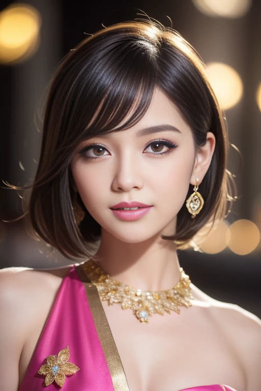 female idol、shiny lip gloss、smiling face、smoky eyeshadow、winged eyeliner、((dramatic lashes))、female silk dress（gold)、flowers、colorful short hair（neon fuchsia)、flowers in the hair (gold)、conceptual art, High quality, Realistic, extremely detailed CG unified 8k wallpaper, highly detailed, High-definition raw color photos, professional photography, Cinematic Light, Beautiful detailed, Super Detail, high detail, (((Bokeh))), depth of fields, illumination, City Street, Super stylish lighting