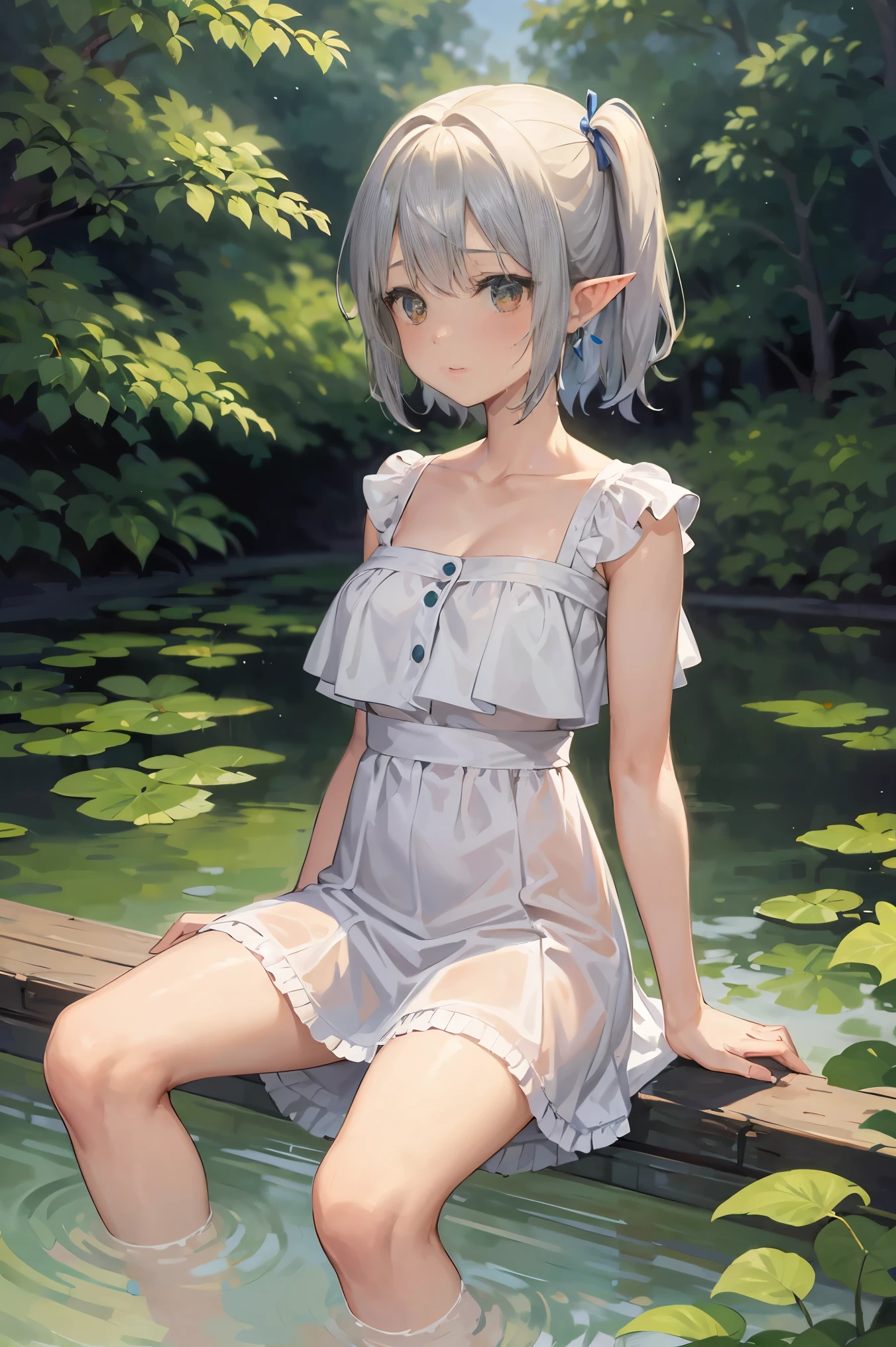 In Claude Monet style, Impressionism, 1girl, upper body focus, (white camisole dress), 14 year old, full body Esbian, short silver hair, pond, wet, ((curtsey)), elf ear, nipples through, see-through, puffy nipples, bare breasts, {{{vulgarity}}}