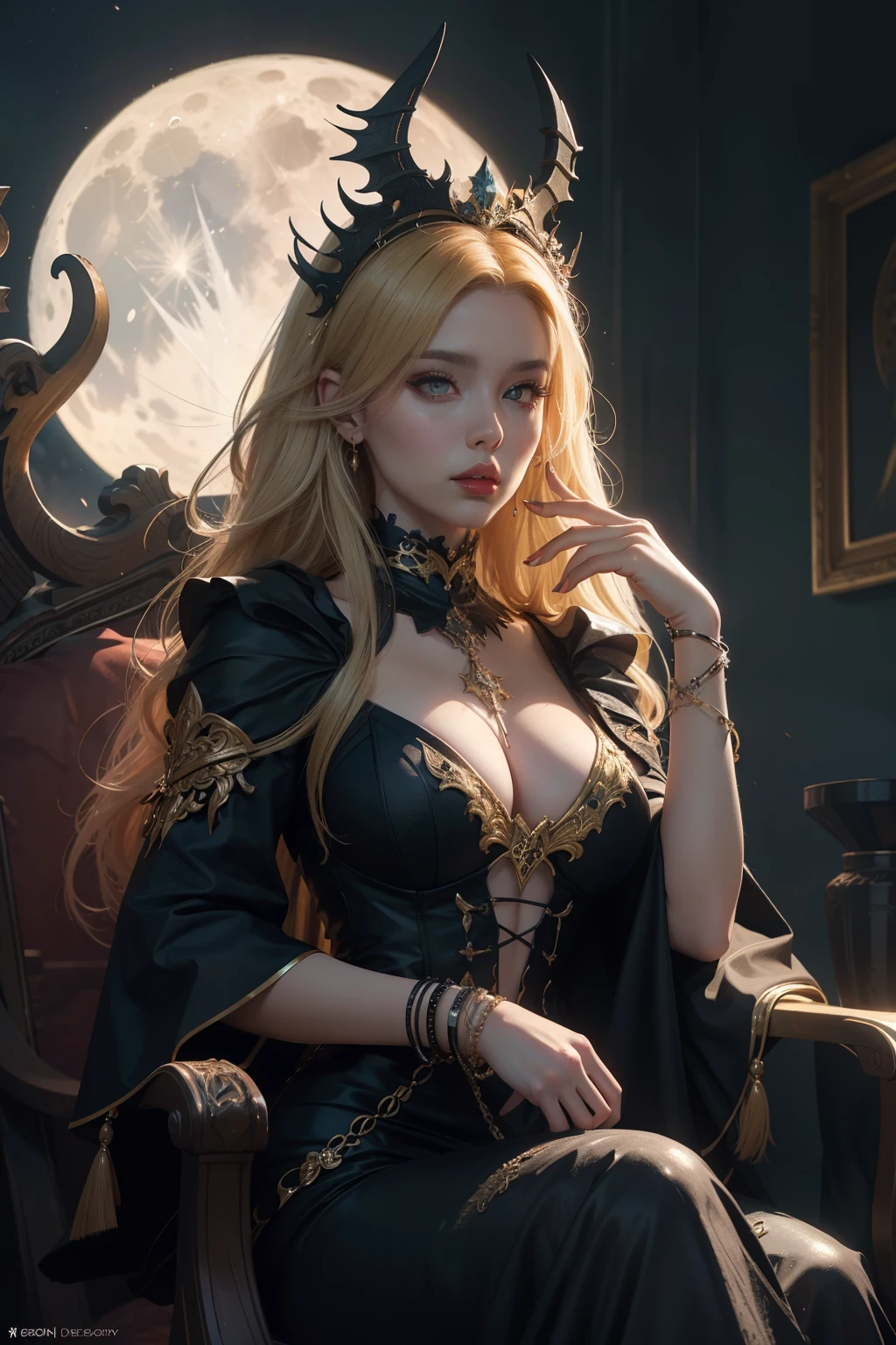 ((best quality)), ((masterpiece)), (detailed), perfect face ,blond woman with long hair sitting on a thrown with a full moon in the background, digital art by Eddie Mendoza, trending on cg society, fantasy art, fantasy dark art, gothic fantasy art, karol bak uhd, beautiful elegant demon queen with black dress , beautiful fantasy art, amazing fantasy art, fantasy woman, dark fantasy style art, in style of dark fantasy art , hyper realism , 24K