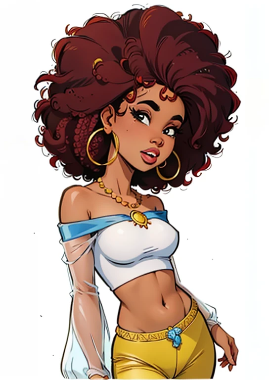 desenho de uma mulher com um grande cabelo afro e uma blusa branca, in digital illustration style, estilo de arte dos desenhos animados, garota elegante afro-americana, colorful illustration, princesa negra africana, arte digital dos desenhos animados, garota afro-americana, cartoon style illustration, colorido digitalmente, jovem africana de pele clara, official illustration, afro, jovem afro-americana, mulher afro-americana, jovem negra