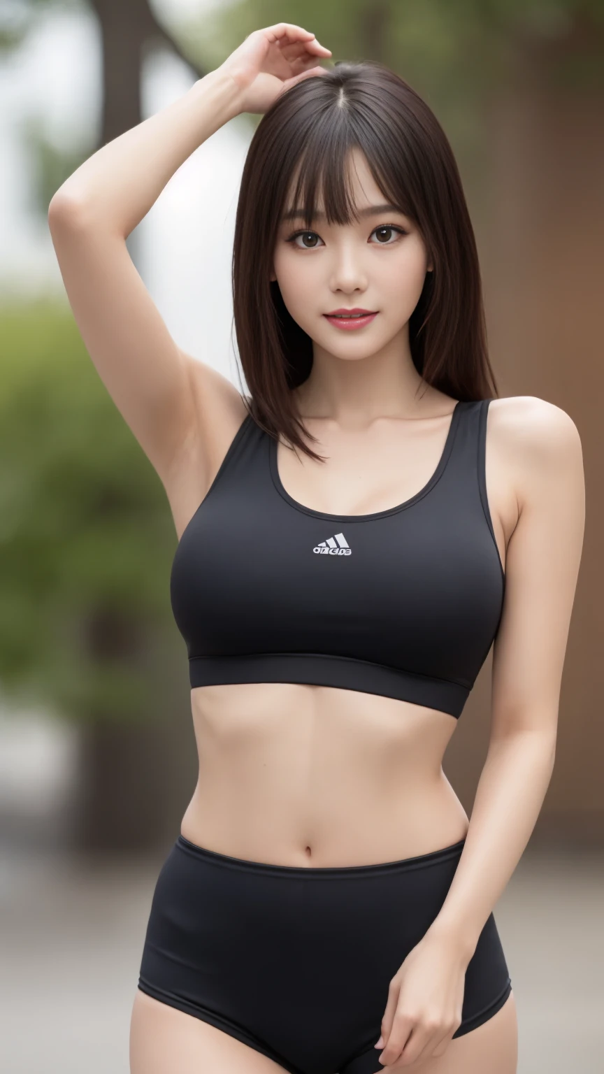 (best quality, stand, ultra high definition: 1.3), 1 lady, (Huge bust), red hair, blunt bangs, hair behind ears, hair past shoulders, (long hair),wet hair,( Slender body shape), (Super face slimming), delicate lips,(beautiful eyes), thin blush, Eyes are brown eyes, (wet and shiny skin, flawless skin :1.3),clavicle, hide hands,( Colorful sports bra, Green sports shorts, (wet:1.5)),(a japanese girl,yoga poses),(open armpit posture:1.3),Smile,,Full body image,(pine woods:1.5)