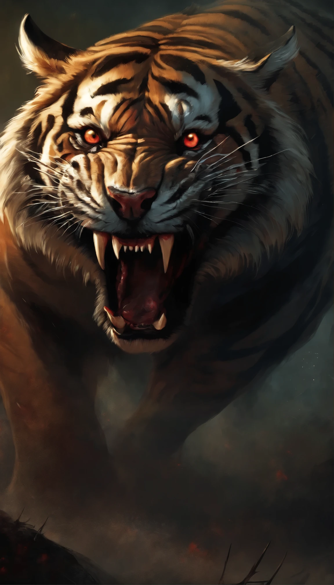 A painting of a humanoid tiger creature with a bloodied fangs, , The Horror Art of Science Fiction, art work, Inspired by Aleksi Briclot, tiger, de , horror fantasy art, Alexi Brillot, horror concept art, Vining, Fantasy and Horror Art, 4k horror detailed illustrations, Beast creatures, Dark horror art