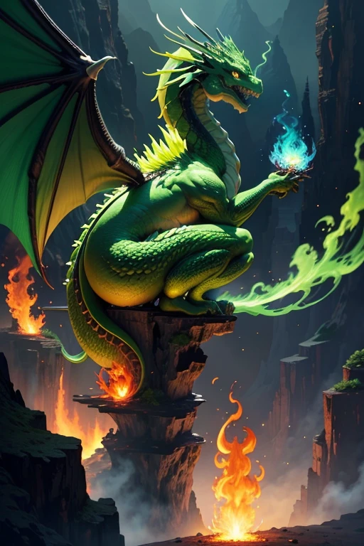 Green dragon with flaming wings exhales fire on top of a cliff. The Flaming Dragon breathes fire, volcanes, respirando fuego. energy elements, aura, Onda, particles, and harmony.