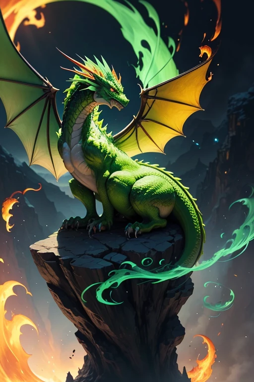Green dragon with flaming wings exhales fire on top of a cliff. The Flaming Dragon breathes fire, volcanes, respirando fuego. energy elements, aura, Onda, particles, and harmony.