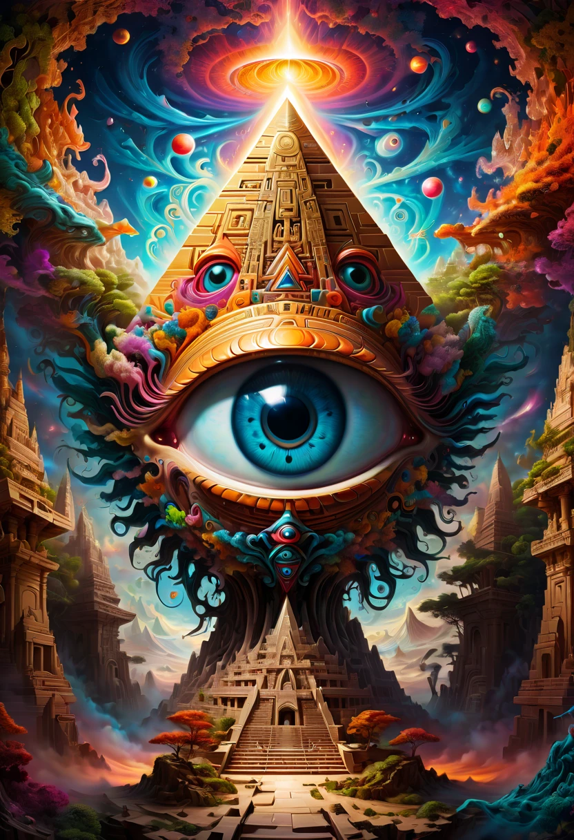 psychedelic style, eye in the sky, swirling fractals, depth of perception, pyramid temple, god light, mythical creatures, highly_detailed, intricate, vivid_color, intense shadows defined textures, precision_drawing, (best quality, masterpiece, Representative work, official art, Professional, 8k)