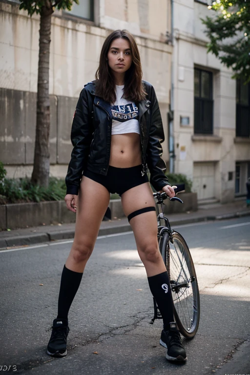 photograph of a 20 year old woman, cara perfecta, obra maestra, Bien, ropa interior, negro_Bien, chaqueta, negro_bragas, en bicicleta, en short,