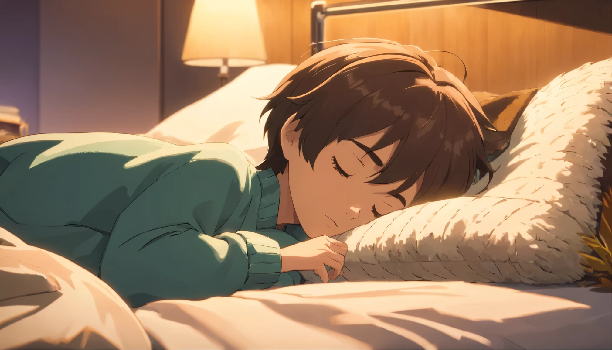 Close view of a cute handsome 7-year-old boy sleeping in a fluffy wool fantasy bed. The boy's serene expression is highlighted by the soft, diffused lighting that emanates from the canopy above. The details of the fluffy wool bedding are vividly captured, revealing intricate textures and patterns. The use of a Canon EOS R6 Mark II with a Sigma 50mm f/1.4 DG HSM Art Lens ensures every nuance of the scene is captured in high resolution, creating a photorealistic image that conveys both the coziness of the setting and the peacefulness of the boy's slumber.