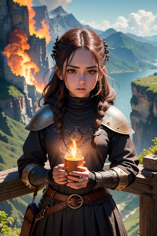 Green dragon with flaming wings exhales fire on top of a cliff. The Flaming Dragon breathes fire, volcanes, respirando fuego. energy elements, aura, Onda, particles, and harmony. young 18 year old woman, Cabello largo, ojos azules, cabello rubio, brown hair, tenencia, boca cerrada, Parte superior del cuerpo, arma, trenza, al aire libre, tenencia arma, armadura vikinga, ropa vikinga, realista. Joven, vikingo, cultura vikinga, con arcos en las manos, adiestramiento, Estilo Juego de Tronos, medieval, Pelo corto con flequillo, machista, male.