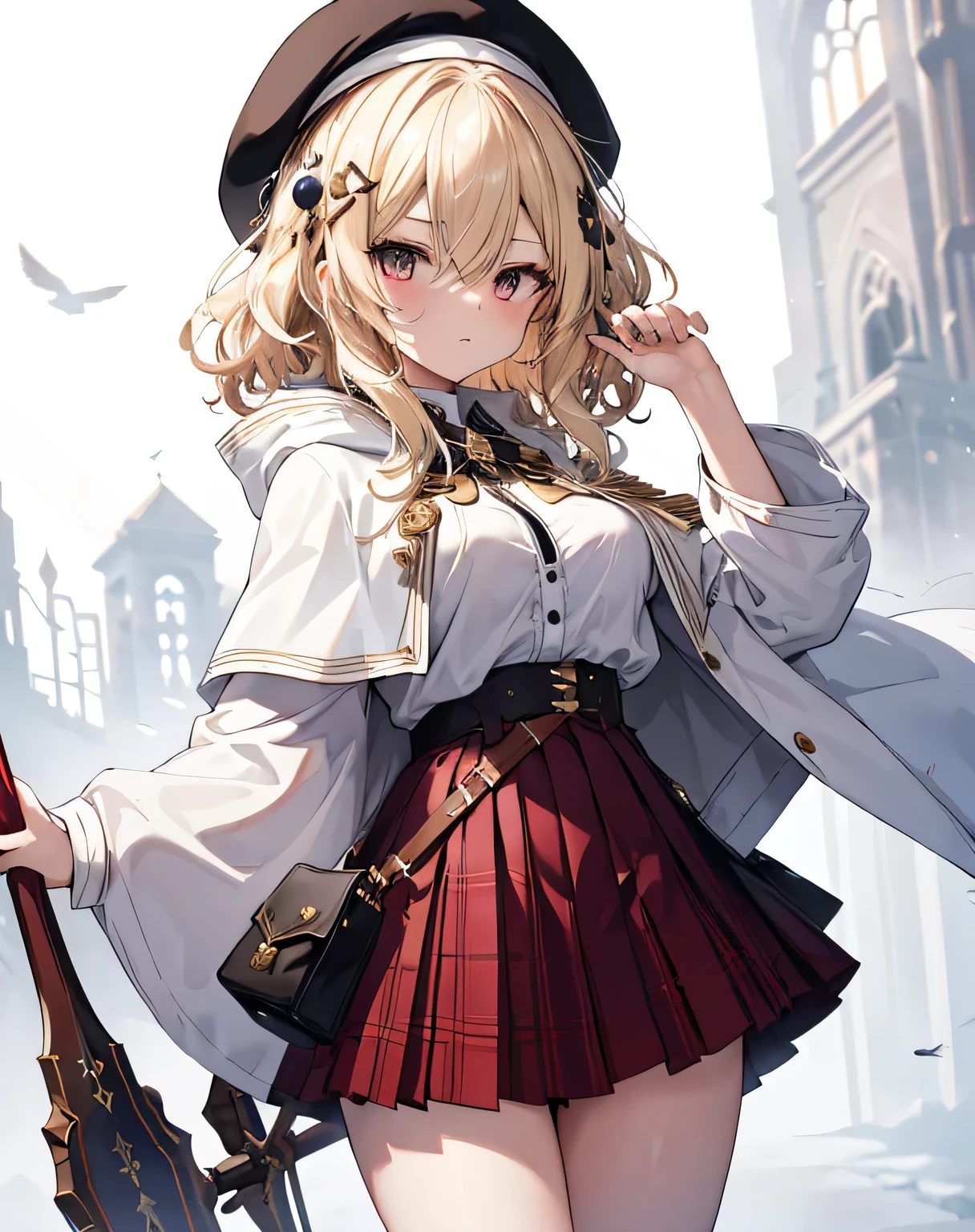 masterpiece,1girl, sparrow, a blonde haired girl, wearing a priestess uniform, curly medium hair, messy hair, black skirt, short white capelet with furry hoody, slim body, she have a schyte, medium breasts, she close her left eye, shirt ornament, lolippai, white beret, angry face, beautiful breasts, rounded breasts, crimson eyes, pleated skirt, plaid skirt