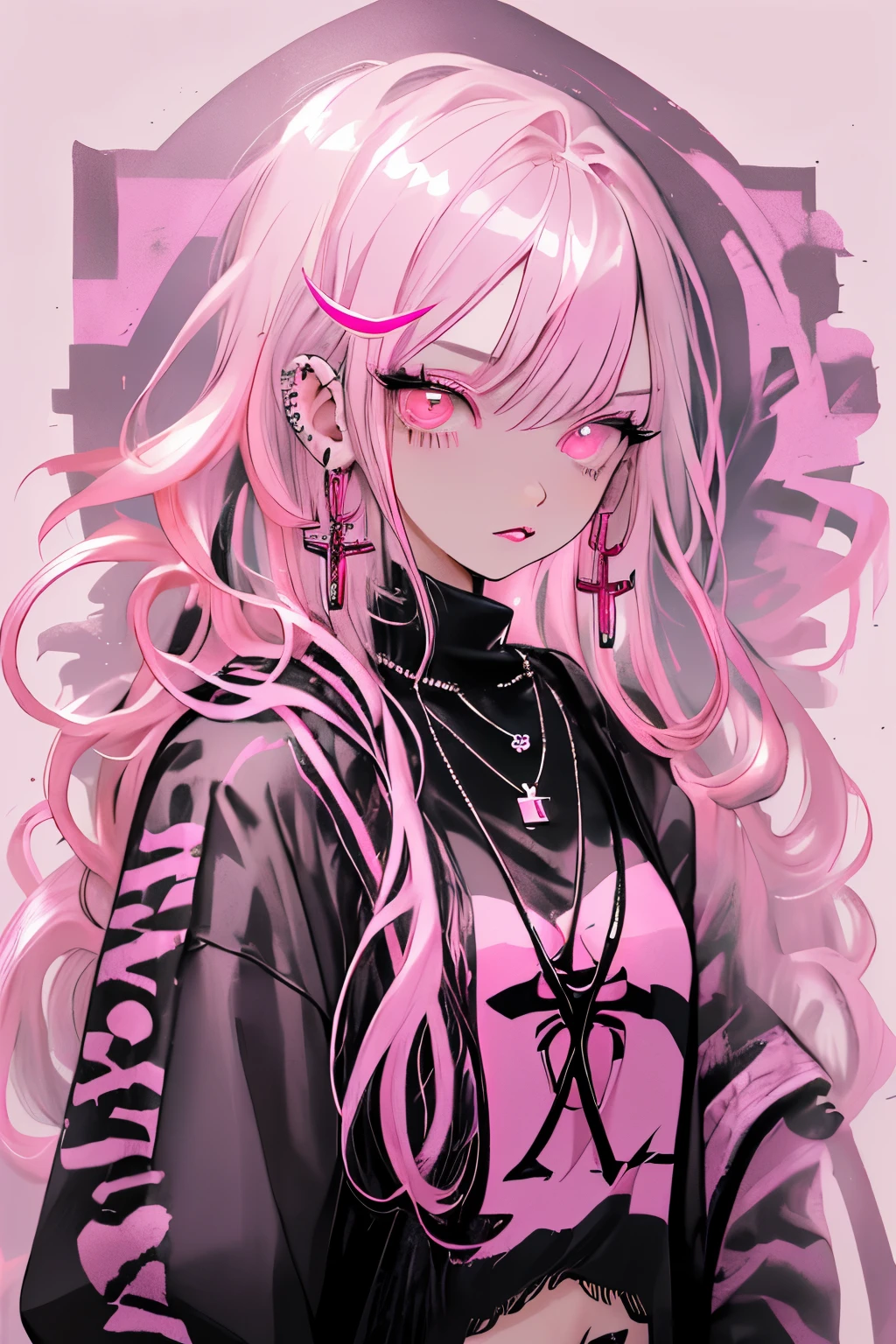 Niji Style, 1girl, solo, long hair, looking at viewer, eye glowing background, jewelry, closed mouth, jacket, upper body, pink hair, earrings, pink eyes, necklace, from side, sweater, lips, eyelashes, makeup, wavy hair, piercing, cross, lipstick, ear piercing, eyeshadow, hoop earrings, pink lips, multicolored eyes, pink theme, , pink eyeshadow,