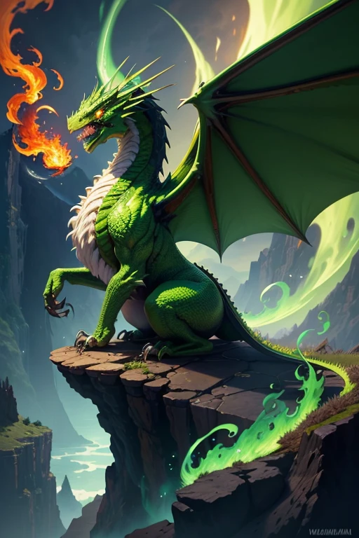 Green dragon with flaming wings exhales fire on top of a cliff. The Flaming Dragon breathes fire, volcanes, respirando fuego. energy elements, aura, Onda, particles, and harmony.