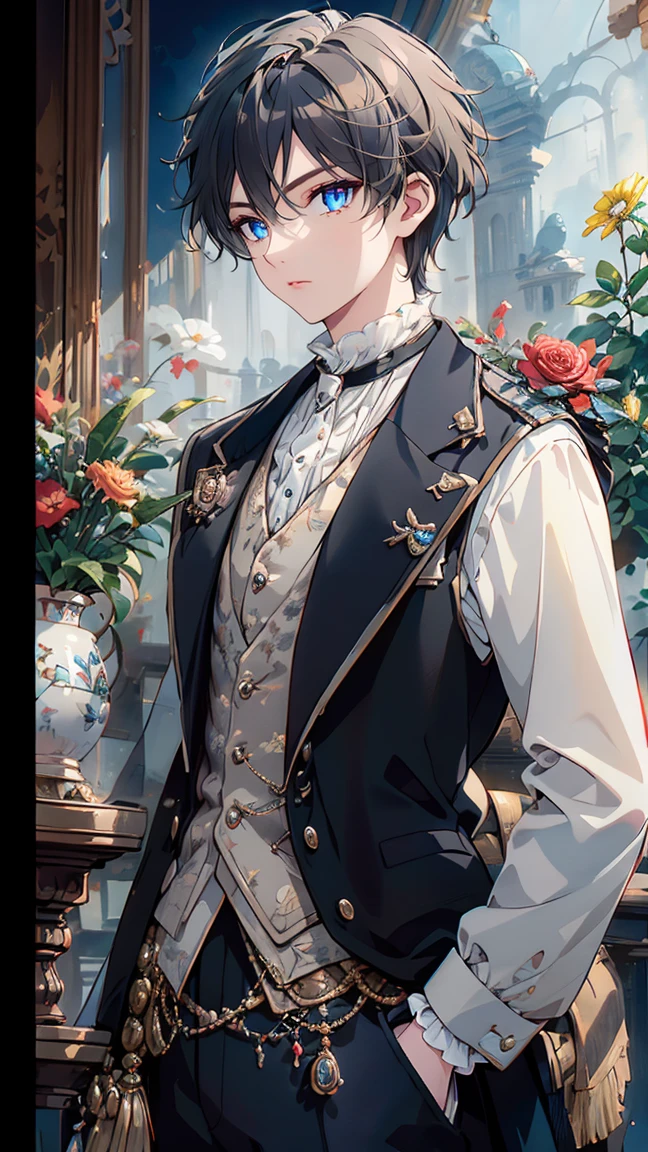 artstudt, (official art, extremely detailed CG unity 8k wallpaper),(1man:1.3),beautifully detailed eyes, detailed fine nose, detailed fingers, (8k), (best quality), ( masterpiece:1.2), extremely detailed, black hair,
1 prince, handsome, rococo style, vest, tie, white and black color, flowers, suits, ghile 