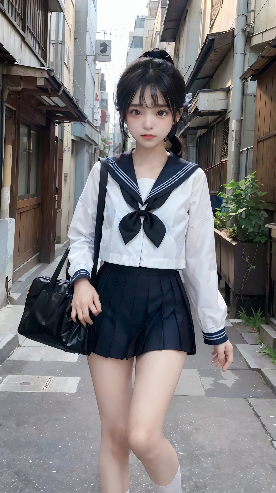 masterpiece, highest quality, realistic, RAW photo, Digital single-lens reflex camera, ((1 person)), Beautiful Japan girl at 18 years old, shiny fair skin, Realistic beautiful make-up face, realistic and beautiful eyes, double eyelid, (((anxiety, frightened eyes:1.3, fear, nervous:1, tears, cry:1.4, afraid))), The most detailed shiny black hair and bangs, ((ponytail hair)), slim body shape, slim face, slim waist, medium breasts, (((Japanese student light blue sailor suit:1.5, summer clothes, light blue pleated mini skirt, black sox:1.2, brown loafer shoes:1.2, Japanese school boston bag, white panty:1.2))), (((walking:1.3))), Leaving school, (((A path in a lonely residential area, dark path))), ((foggy)), realistic shadow, Depth of bounds written, The best delicate and beautiful photos, ultra high resolution, 8K UHD Wallpapers, (((from below:1))), nsfw, upper half body