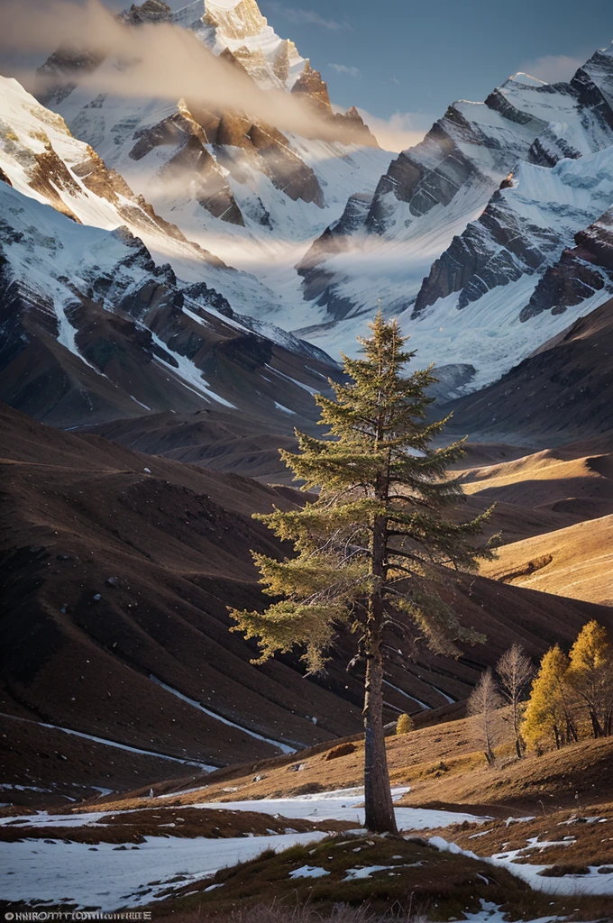 Abstract photo of winter colors, a divine tree, Max Rive style, Andre De Dienes, divine light, epic fantasy scene, Himalayan art, well lit seascape, light amber --ar 9:16 --v 5.1 --q 2 --v 5