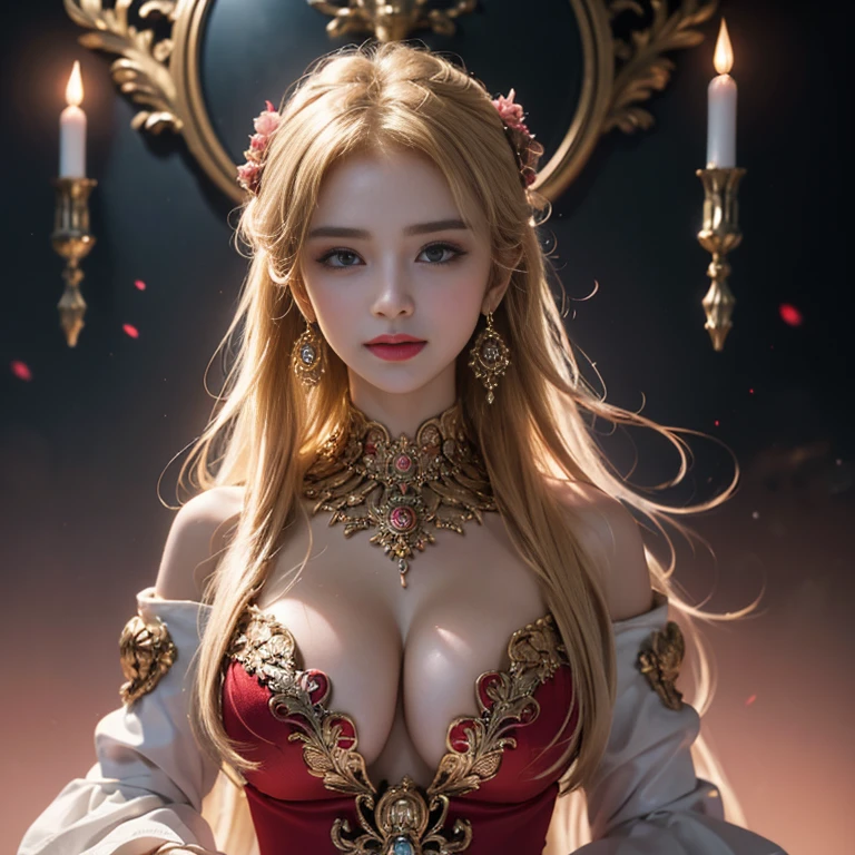 masterpiece,Highest image quality,Super details,best quality ,extremely delicate and beautiful, Very detailed,best quality, official art, Extremely detailed CG unified 8k wallpaper, Ana de Armas portrait photo, Blonde hair with black pupils,shiny skin, (beautiful eyes:1.1), beautiful skin, big watery eyes,(detailed lighting:1.2), (Beautiful and detailed light:1.3),The noble goddess wearing flaming red and black holy clothes,Intricate Flame Shroud Details,Gorgeous and complex hollow ultra-thin flame dress,Beautiful udder, The most perfect breast shape,firm breast,Deep cleavage,Naked of breast,complex, digital drawing, Smooth, sharp focus, end of the world, epic reality, (high dynamic range:1.4), (pastel colors:1.4), Revelation,Bright colors, screen space refraction, (intricate details, Super detailed:1.3), art station, lens, complex background, buliding,Beautiful smile,The most beautiful look,Dreamcatcher earrings,The best look,The noble, beautiful and dignified goddess of fire,