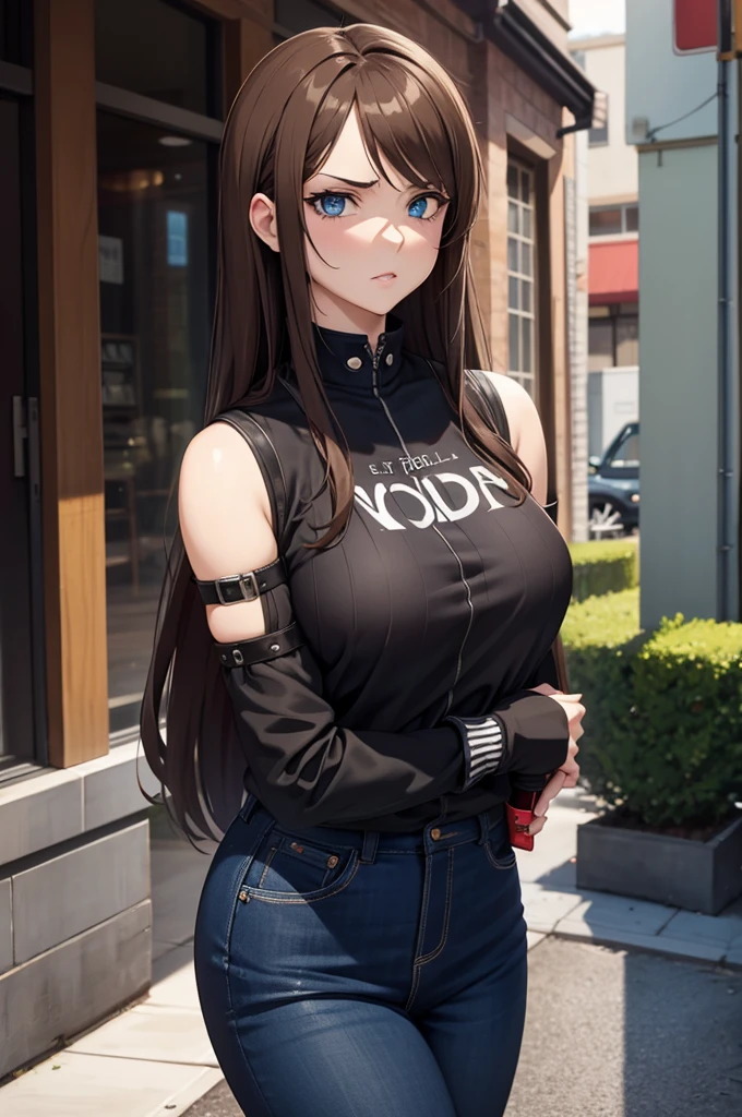 one Rebecca wearing punk clothes, mature woman, long brown hair, blue eyes, large , disgusted look, [ 4 k digital art ]!!, seductive anime girl, deviantart artstation cgscosiety, trending on cgstation, 8k high quality detailed art, photorealistic anime girl render, kawaii hq render, commission for high res
