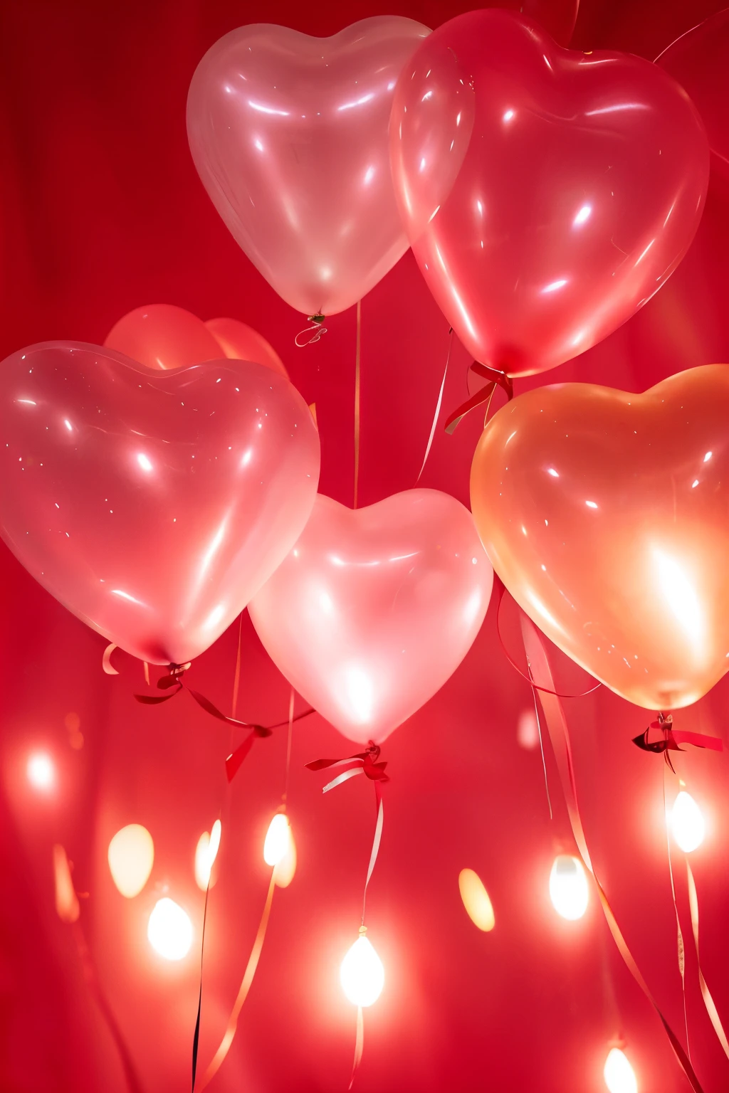 valentine background image。Fill the screen、Lots of red and pink heart balloons、Filled with sparkling light。Characters don't。lots of heart balloons。