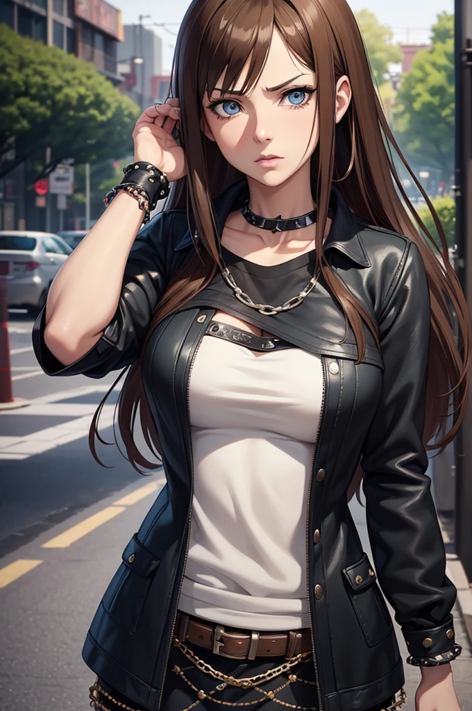 one Rebecca wearing punk clothes and chains, mature woman, long brown hair, blue eyes, large , disgusted look, [ 4 k digital art ]!!, seductive anime girl, deviantart artstation cgscosiety, trending on cgstation, 8k high quality detailed art, photorealistic anime girl render, kawaii hq render, commission for high res