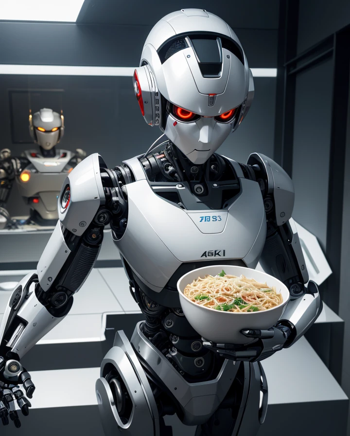 Close-up of a robot standing holding a bowl of noodles., But it is the food of the future., Robots of the future, Portrait of a starving AI artist, 4k 3D digital art, complex transhuman, sentai Robot, Anime robot mixed with organic, superhuman, portrait of a Robots of the future, still image of robot, ( ( cyborg robot ) )