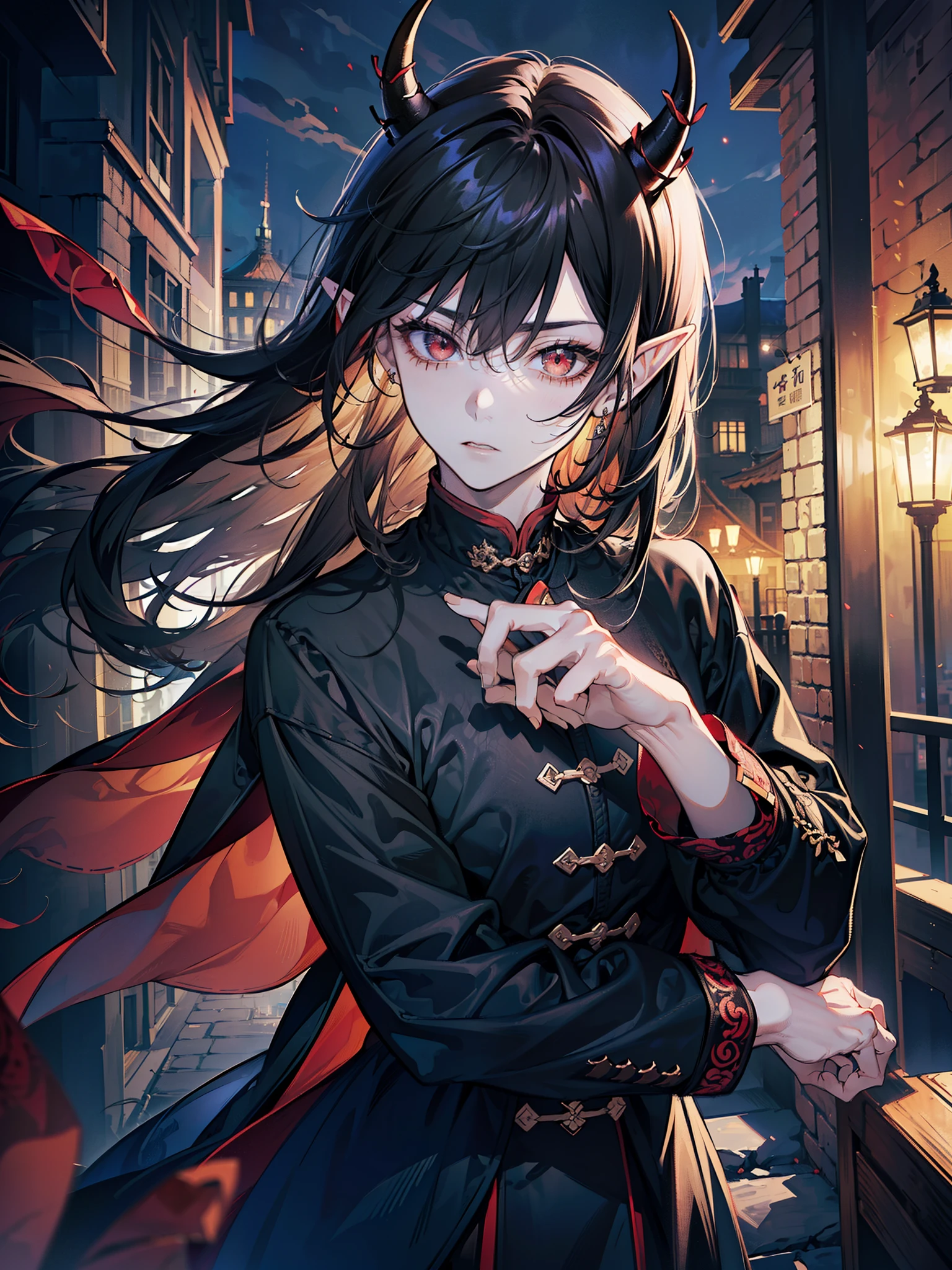 ((highest quality, masterpiece, 4k, finely detailed, detailed eyes, detailed face, intricate details, gelbooru, pixiv)), warm lighting, idol, super idol, super model ((solo)), 1 male, (handsome, masculine, adult man, broad shoulders, tall guy, thin body), ((black hair, messy hair, short hair, bangs)), light skin, sharp features, (elf ears), ((baggy clothes, oversized clothes)), ((demon horns color fading from black to red)), ((sharp eyes, red eye color, tired expression, looking at viewer)), dynamic pose, city background, night sky, moon night, turtleneck sweater, loose pants, oversized parka