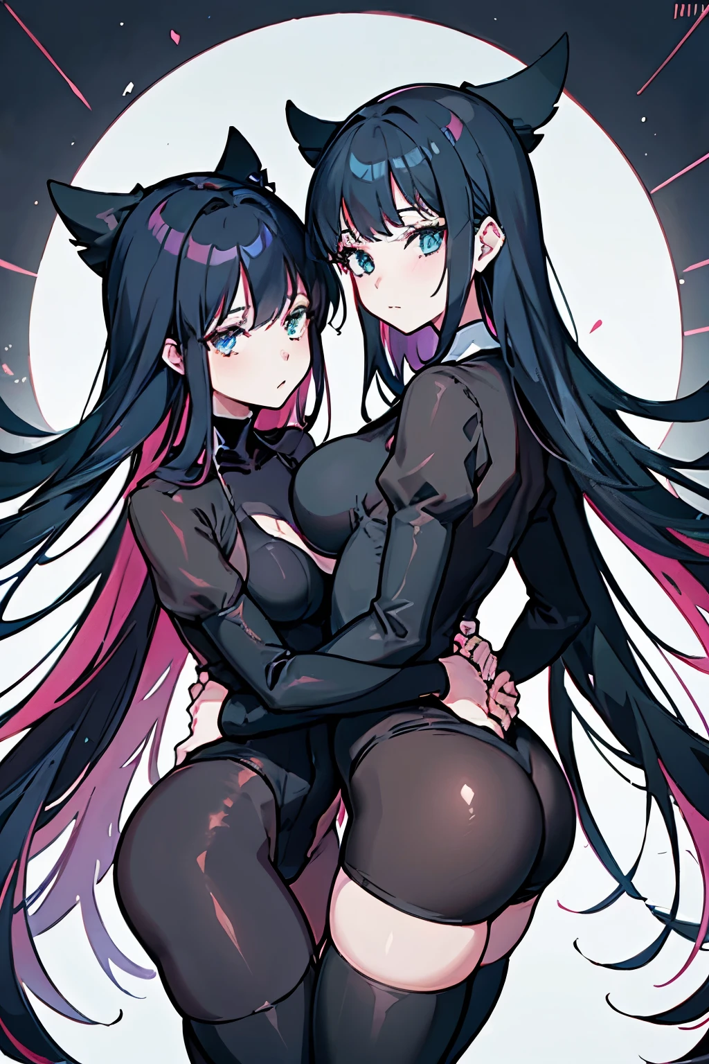 two women in black lingersuits and black hats are posing for a picture, two beautiful anime girls, two hovering twin nuns, black-white skintight robes!, anime girls, top rated on pixiv, 2 b, 2b, at pixiv, [ 4 k digital art ]!!, guweiz on pixiv artstation, sisters, with a twin