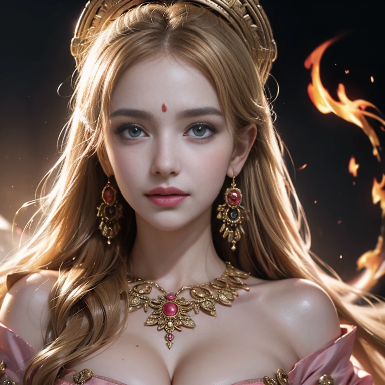 masterpiece,Highest image quality,Super details,best quality ,extremely delicate and beautiful, Very detailed,best quality, official art, Extremely detailed CG unified 8k wallpaper, Ana de Armas portrait photo, Blonde hair with black pupils,shiny skin, (beautiful eyes:1.1), beautiful skin, big watery eyes,(detailed lighting:1.2), (Beautiful and detailed light:1.3),The noble goddess wearing flaming red and black holy clothes,Intricate Flame Shroud Details,Gorgeous and complex hollow ultra-thin flame dress,Beautiful udder, The most perfect breast shape,firm breast,Deep cleavage,Naked of breast,complex, digital drawing, Smooth, sharp focus, end of the world, epic reality, (high dynamic range:1.4), (pastel colors:1.4), Revelation,Bright colors, screen space refraction, (intricate details, Super detailed:1.3), art station, lens, complex background, buliding,Beautiful smile,The most beautiful look,Dreamcatcher earrings,The best look,The noble, beautiful and dignified goddess of fire,Flower laurel,