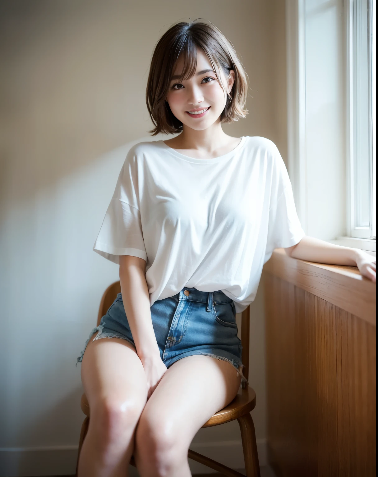 best quality, face focus, soft light, (depth of field) ,ultra high res, (photorealistic:1.4), RAW photo, (moody lighting, night:1.2), bedroom,
(upper thigh:1.4)
1japanese girl, solo, cute, kawaii, (shy, smile:1.1), (brown eyes), natural face, (short hair),
(sit on gray linen chair)
BREAK
(white naked oversize t-shirt:1.2)