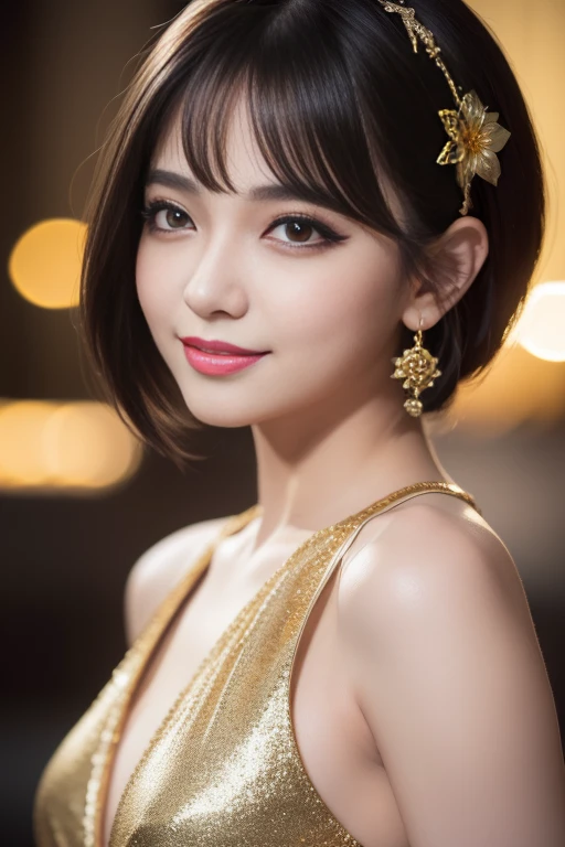 female idol、shiny lip gloss、smiling face、smoky eyeshadow、winged eyeliner、((dramatic lashes))、female silk dress(gold)、flowers、multicolor short hair(neon red)、flowers in the hair (gold)、conceptual art, High quality, Realistic, extremely detailed CG unified 8k wallpaper, highly detailed, High-definition raw color photos, professional photography, Cinematic Light, Beautiful detailed, Super Detail, high detail, (((Bokeh))), depth of fields, illumination, City Street, Super stylish lighting